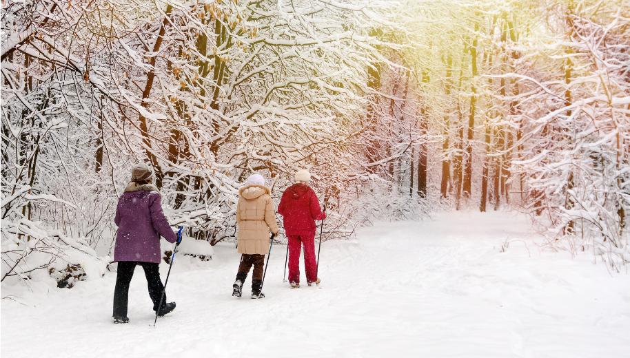 Winter Canada Strong Pass - three people walking in winter forest