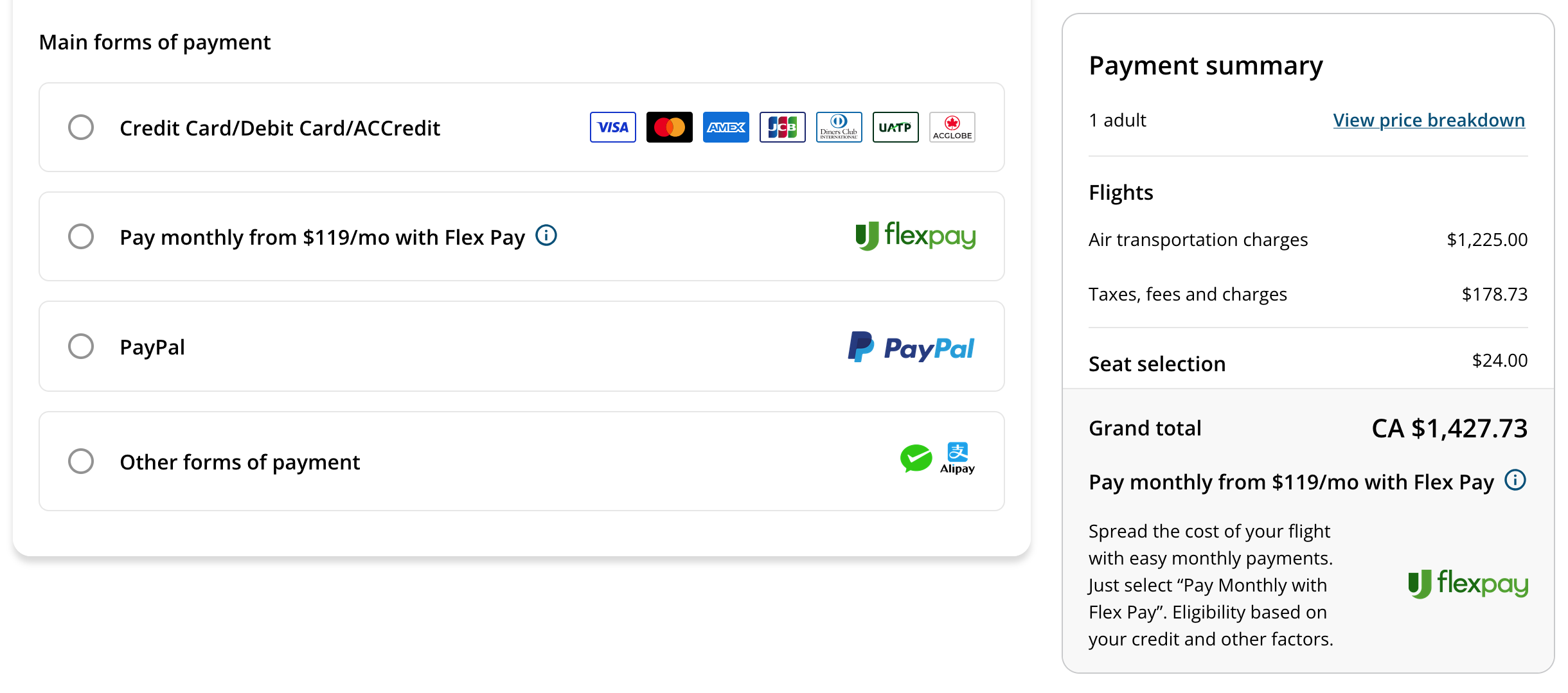 Flex Pay for Air Canada and Aeroplan: How Does It Work? - Flex Pay Choose Payment Method EN