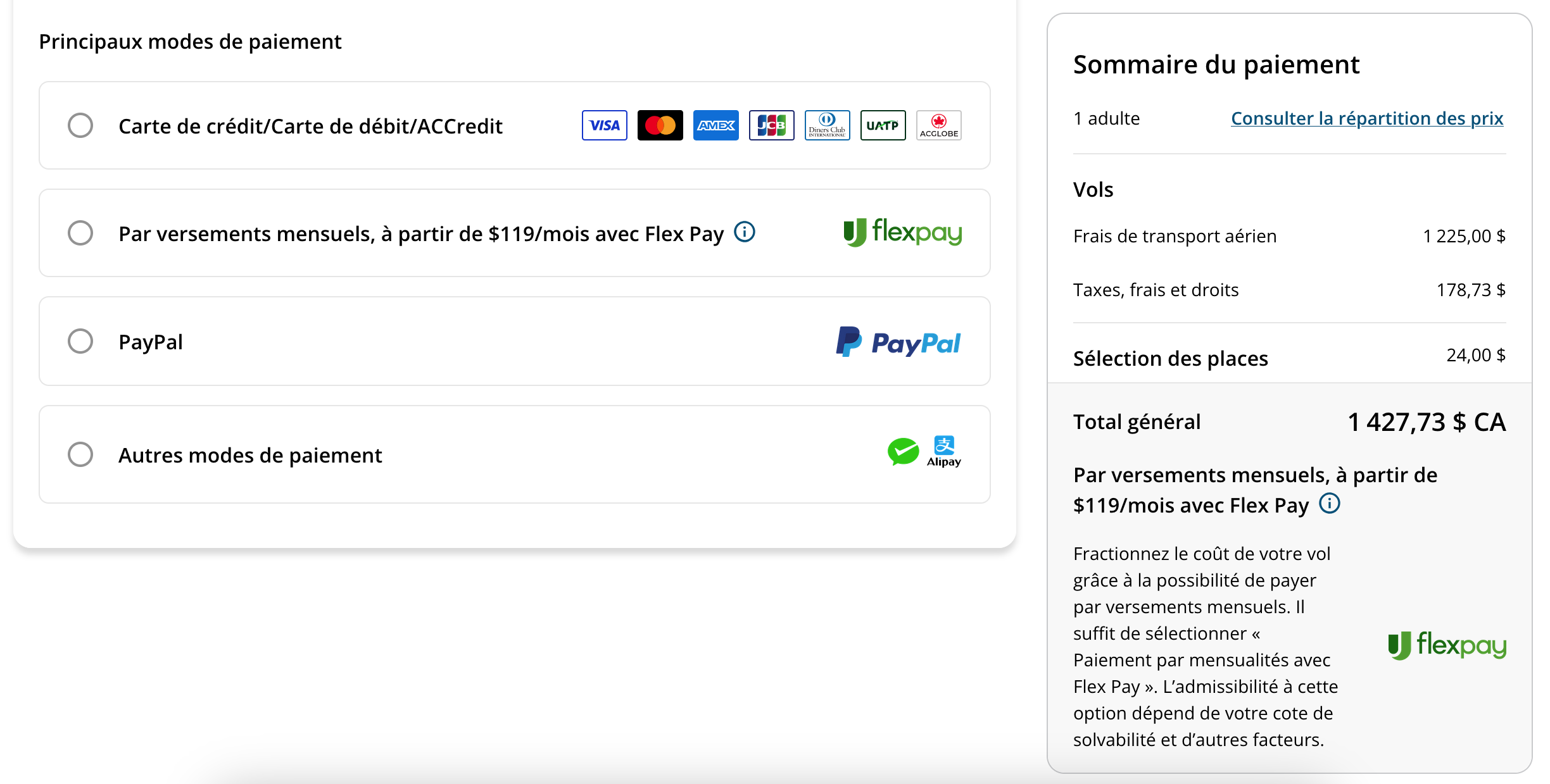 Flex Pay pour Air Canada et Aéroplan: Comment ça fonctionne&nbsp;? - Choose Payment Method -EN