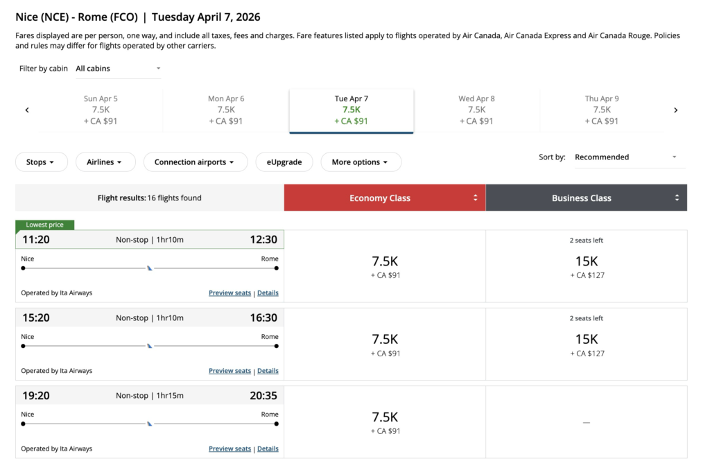 ITA airways aeroplan nice rome