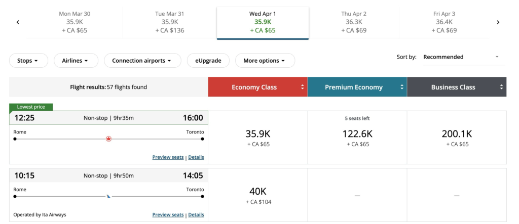 ITA airways aeroplan rome toronto
