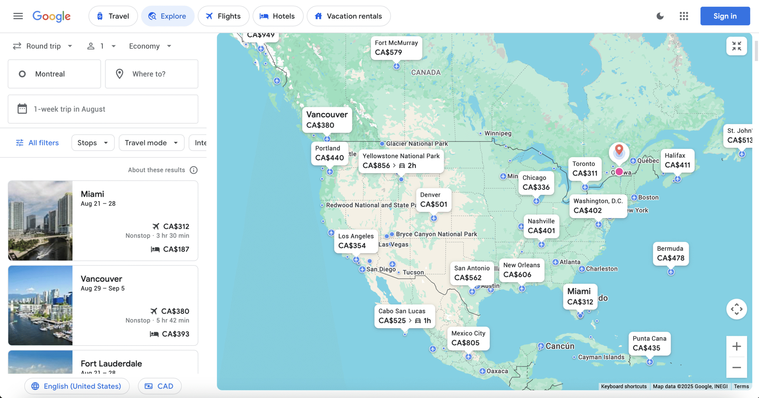 Comparing flight fares in Google Flights from Montreal