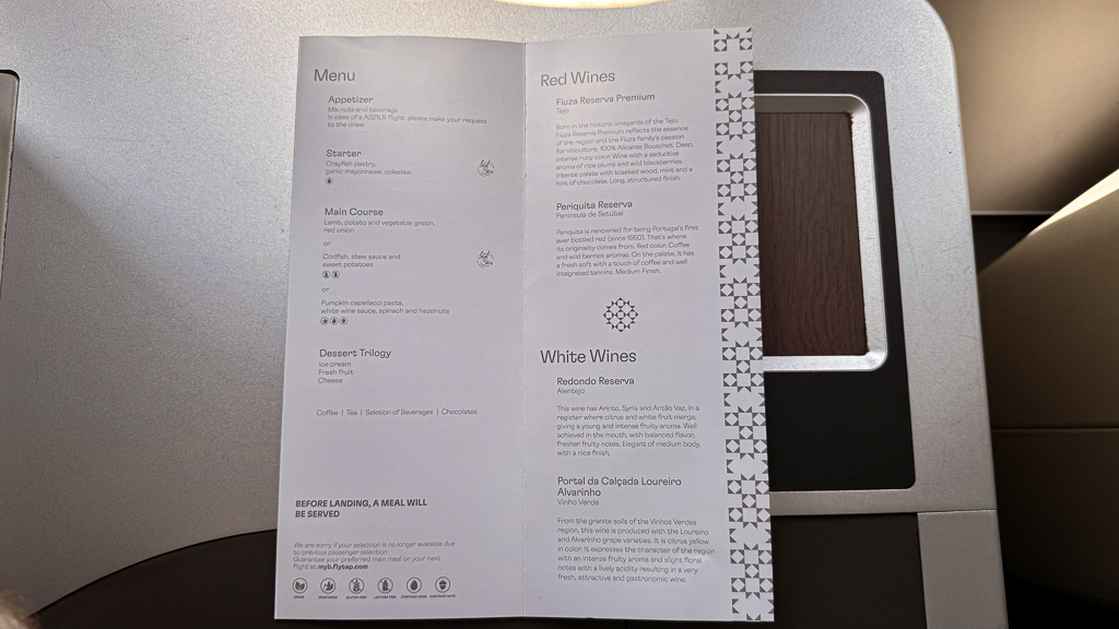 TAP-Classe-Affaires-A321-Neo-Repas 01 – Menu