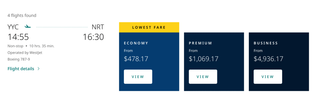WestJet Business Class yyc to nrt EN