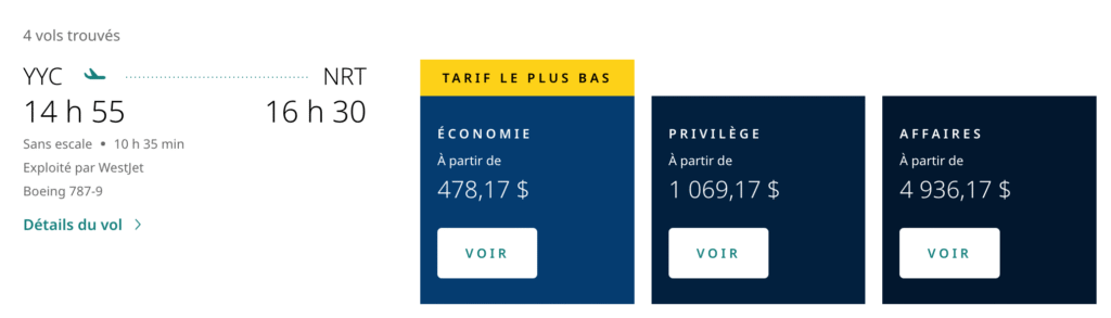 Westjet classe Affaires - yyc à nrt - FR