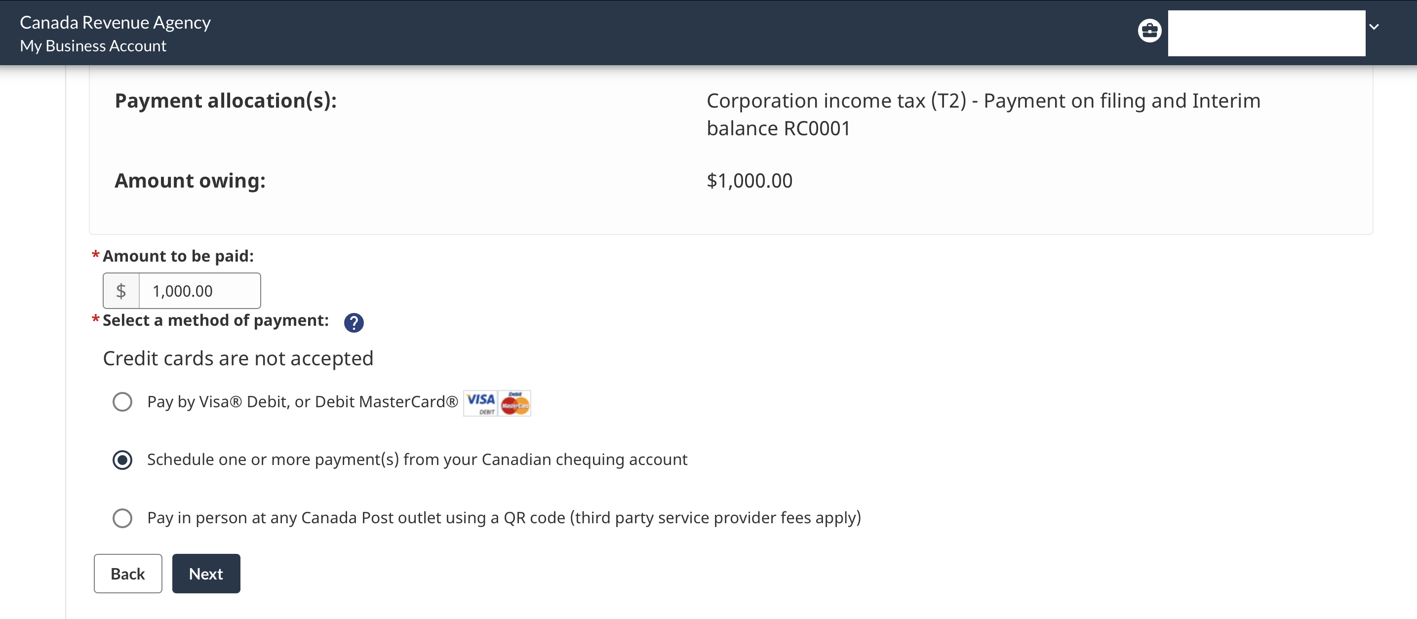 Chexy for Small Business: Earn Up to 100,000 Aeroplan Points - CRA payment method selection