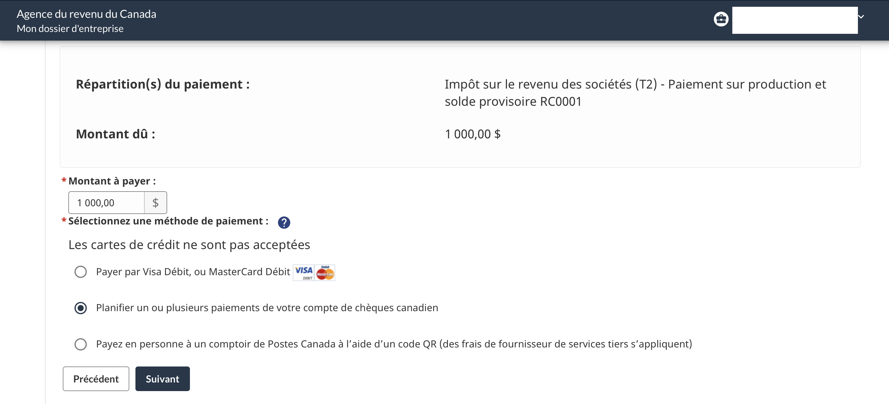 Chexy pour petite entreprise&nbsp;: obtenez jusqu'à 100&nbsp;000 points Aéroplan - selection mode de paiement ARC