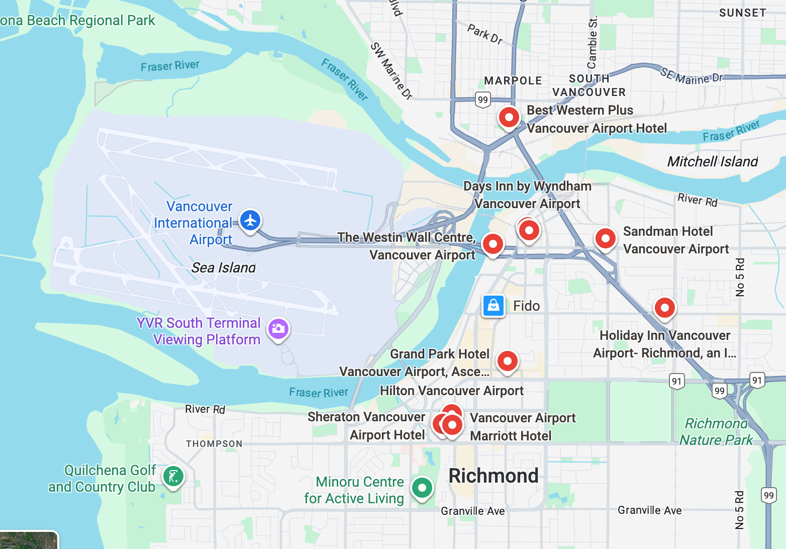 Top Hotels Near Vancouver Airport With Shuttle Service - Hotels Near YVR Google map