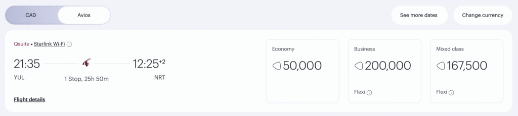 montreal japon avios qatar