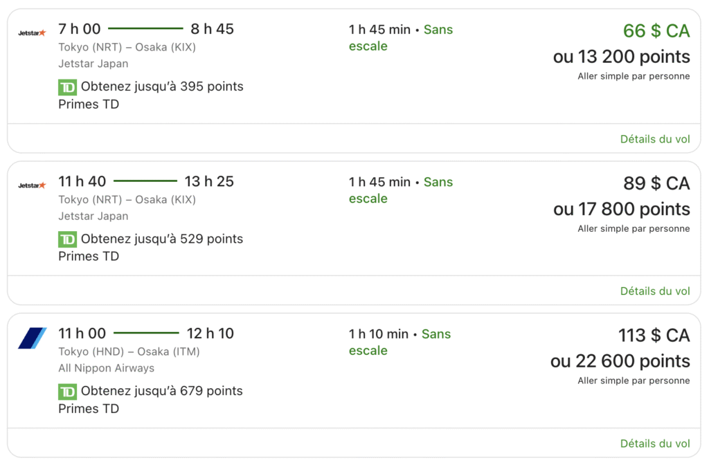 vols japon avec points td