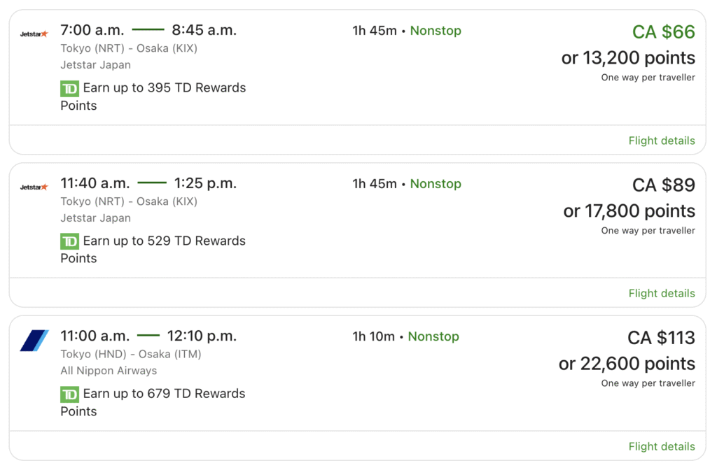 vols japon avec points td