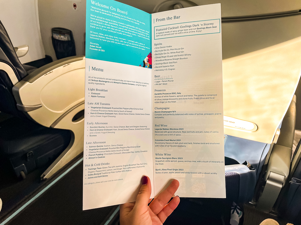 Menu classe Affaires BermudAir