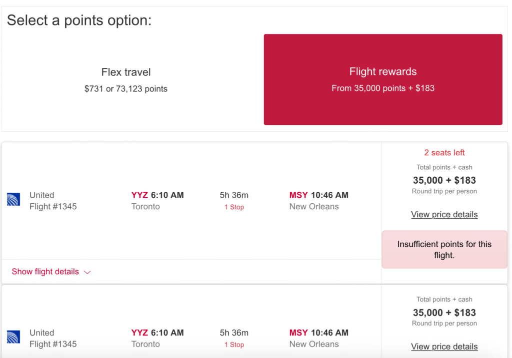 Aventura Flight Rewards Chart – two column search results