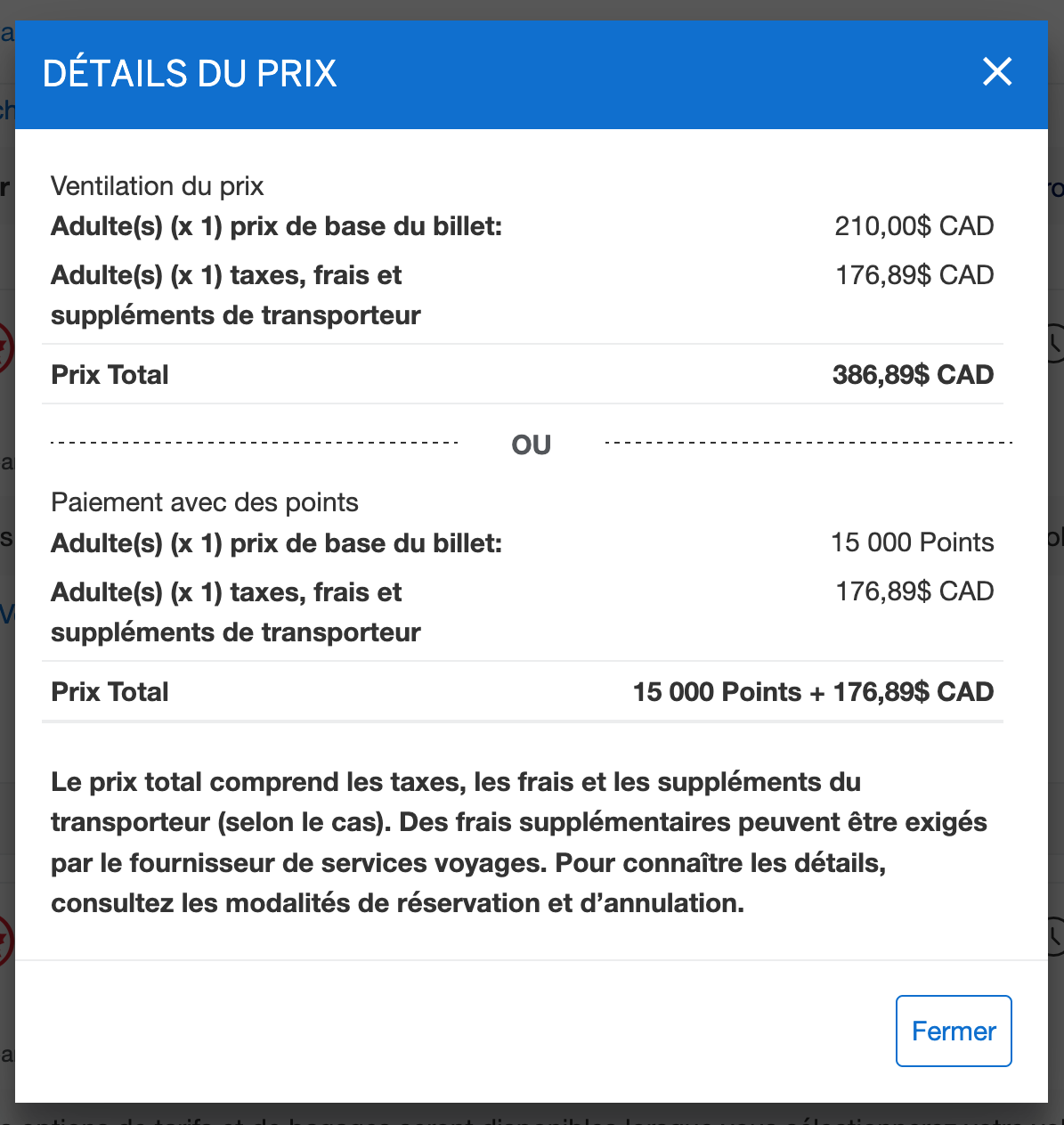 Programme de voyage à points fixes d'Amex&nbsp;: Comment ça fonctionne&nbsp;? - Détail du prix des résultats de recherche FR