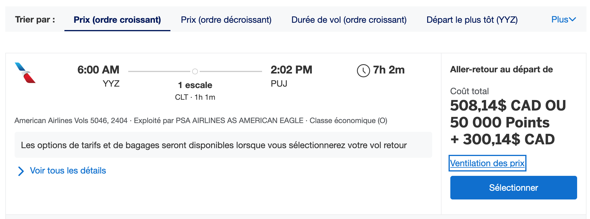 Programme de voyage à points fixes d'Amex&nbsp;: Comment ça fonctionne&nbsp;? - Exemple de faible valeur des résultats de recherche FR