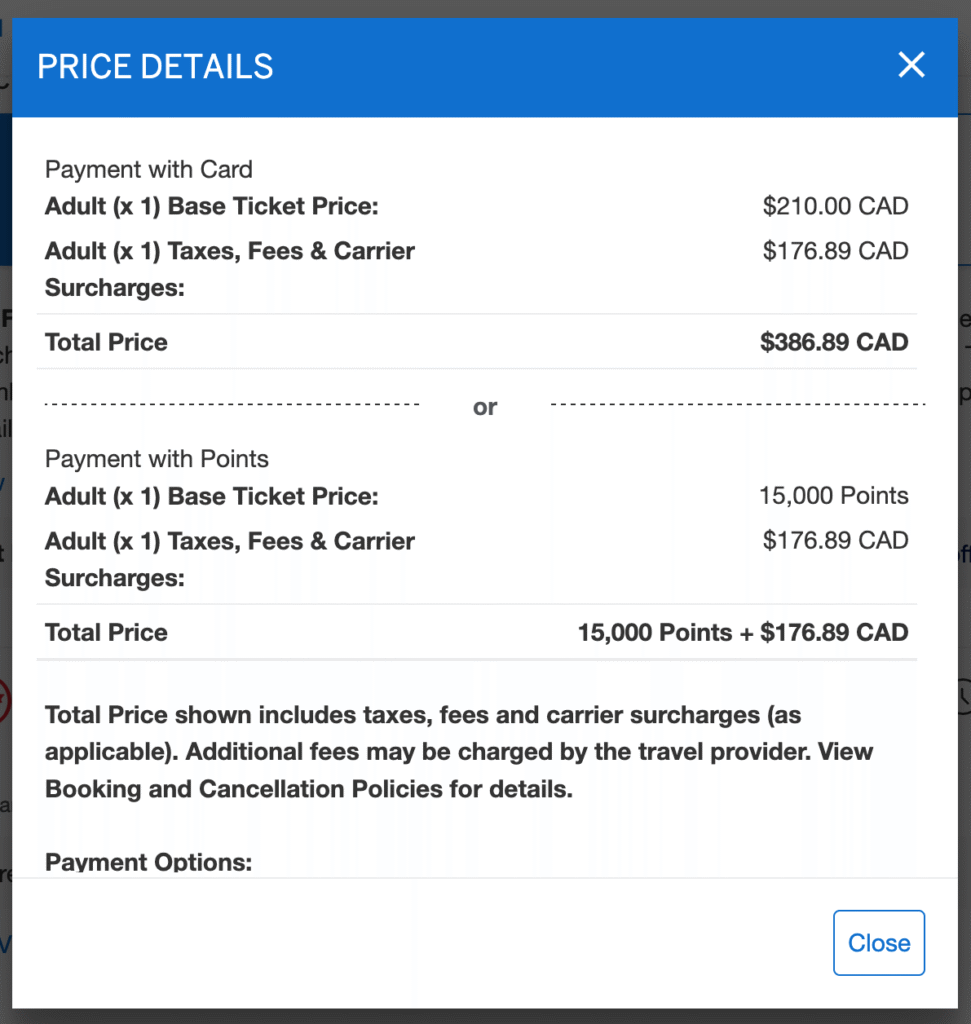 Amex Fixed Travel - Search results price breakdown EN