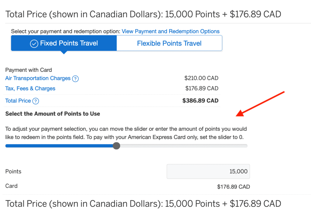 Amex Fixed Travel - Select amount of points to use EN