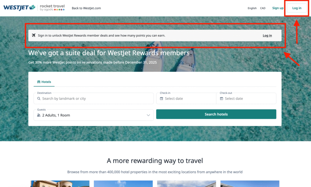WestJet Hotels - Log in and search EN
