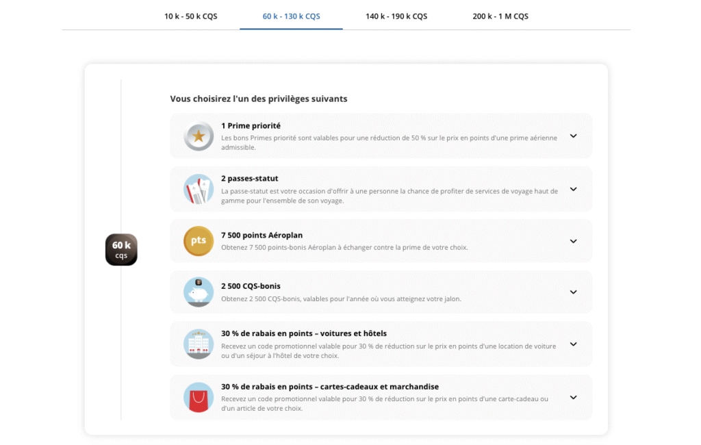 privileges jalons aeroplan seuils