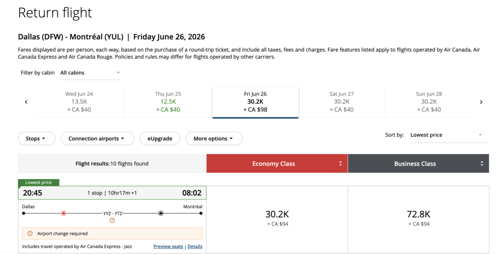 exemple vol points retour dallas en