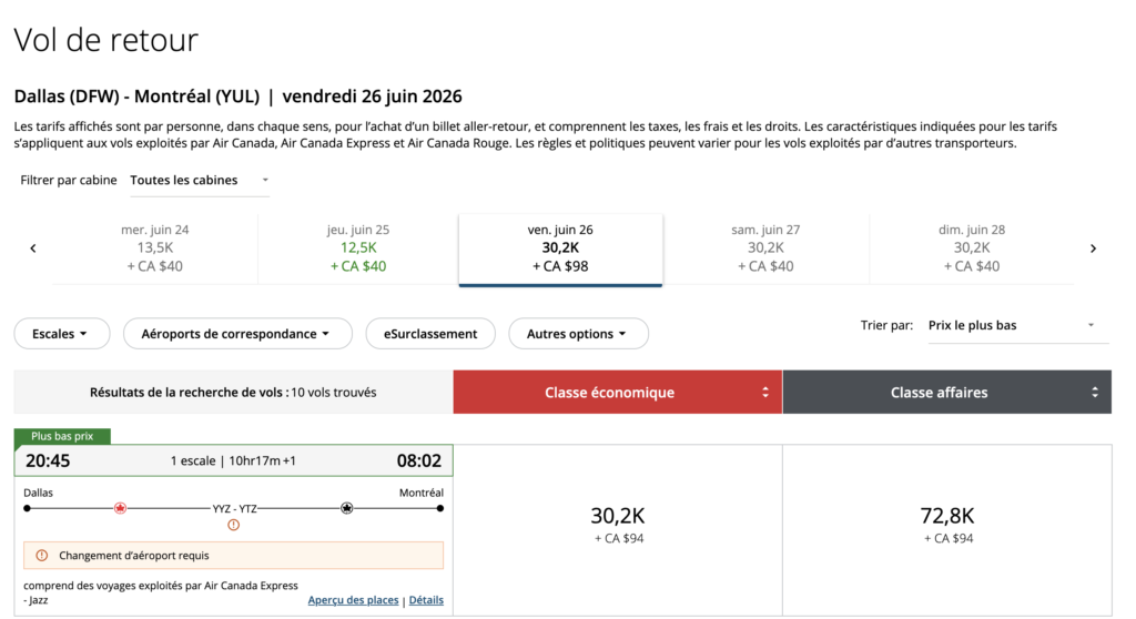 exemple vol points retour dallas FR