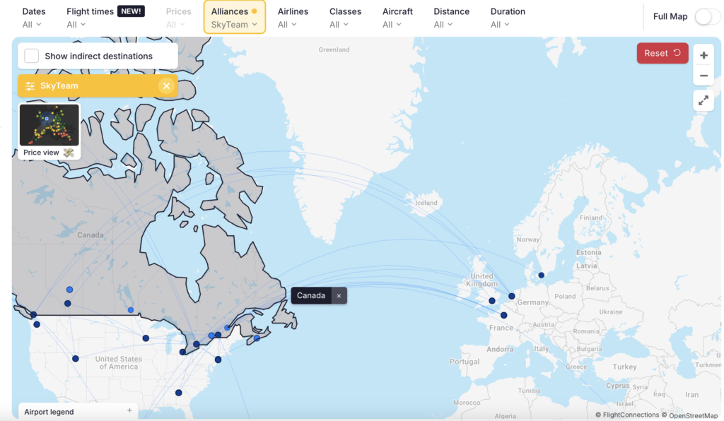 vols directs canada europe sky team