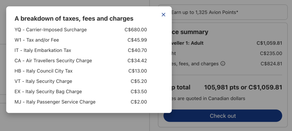 RBC Travel Redemption - Taxes and fees breakdown EN