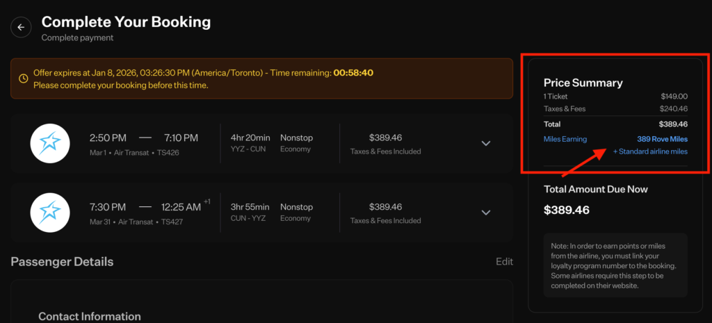 Rove Miles - flight payment page