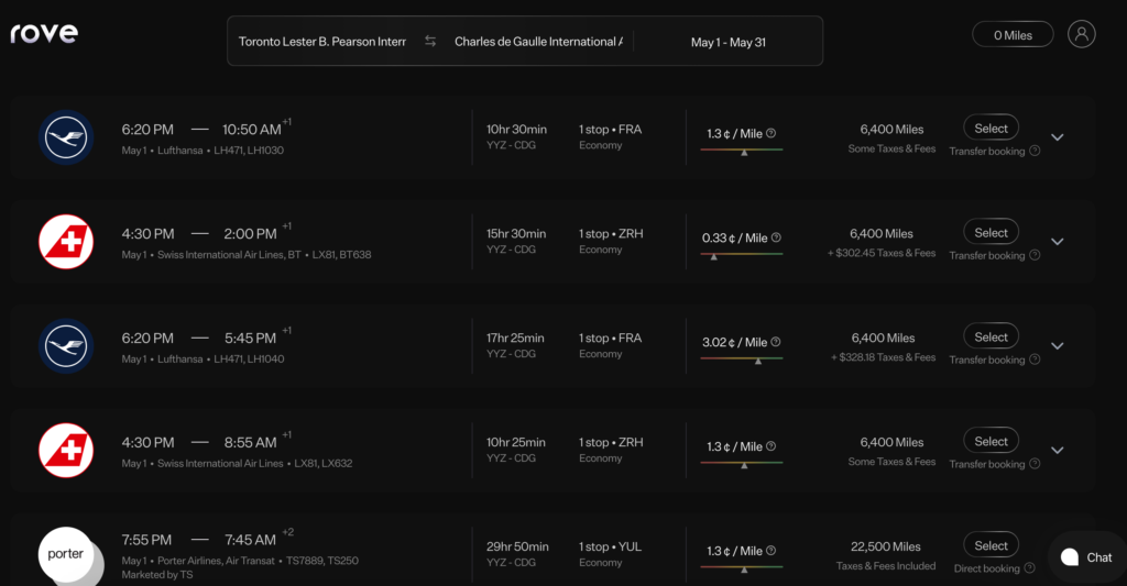 Rove Miles - flight redemption search