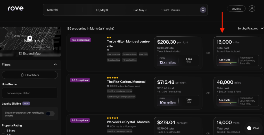 Rove Miles - hotel search