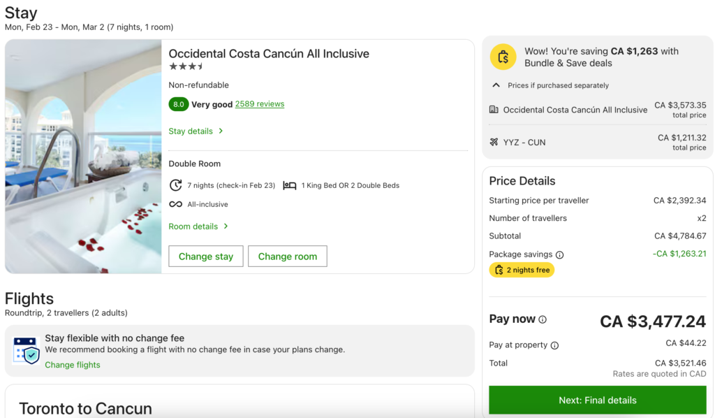 Save TD First Class - Cancun couple trip example EN