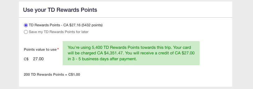 TD Rewards points redemption