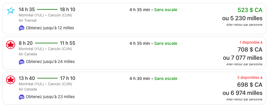 air miles expedia vol yul cancun