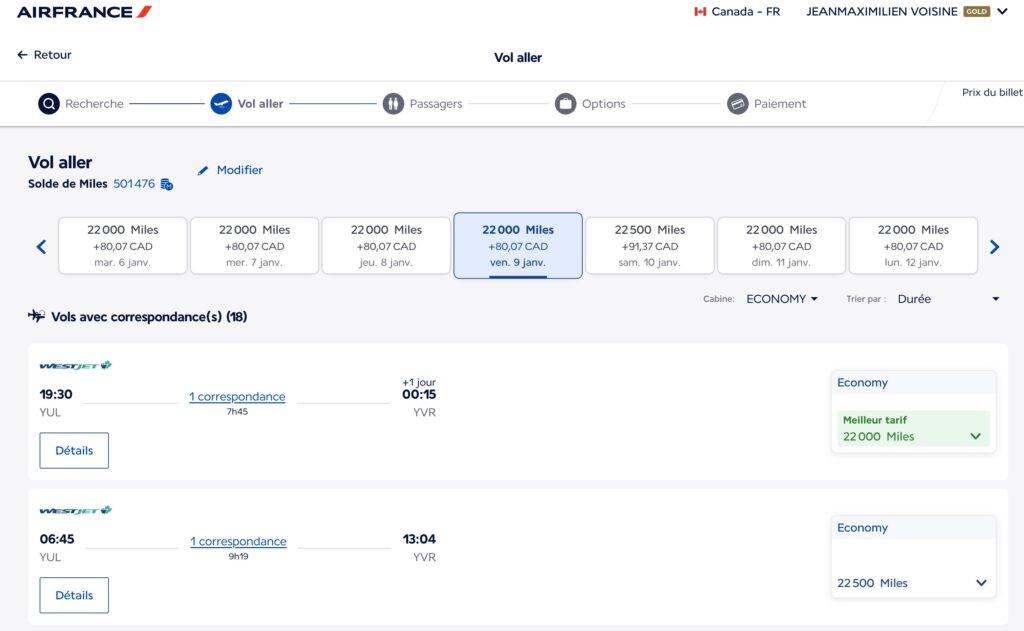 montreal - vancouver - westjet flying blue