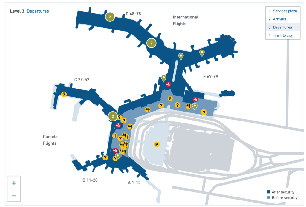 Vancouver Airport Departures Level Map with Lounge location indicated
