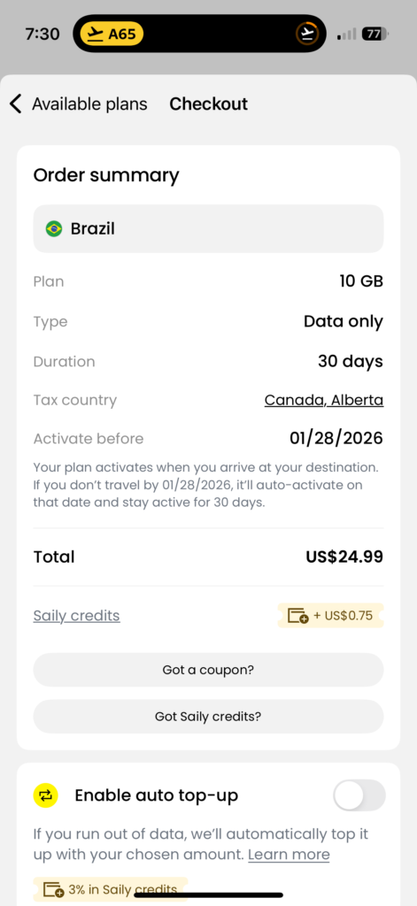 Saily installation esim 1