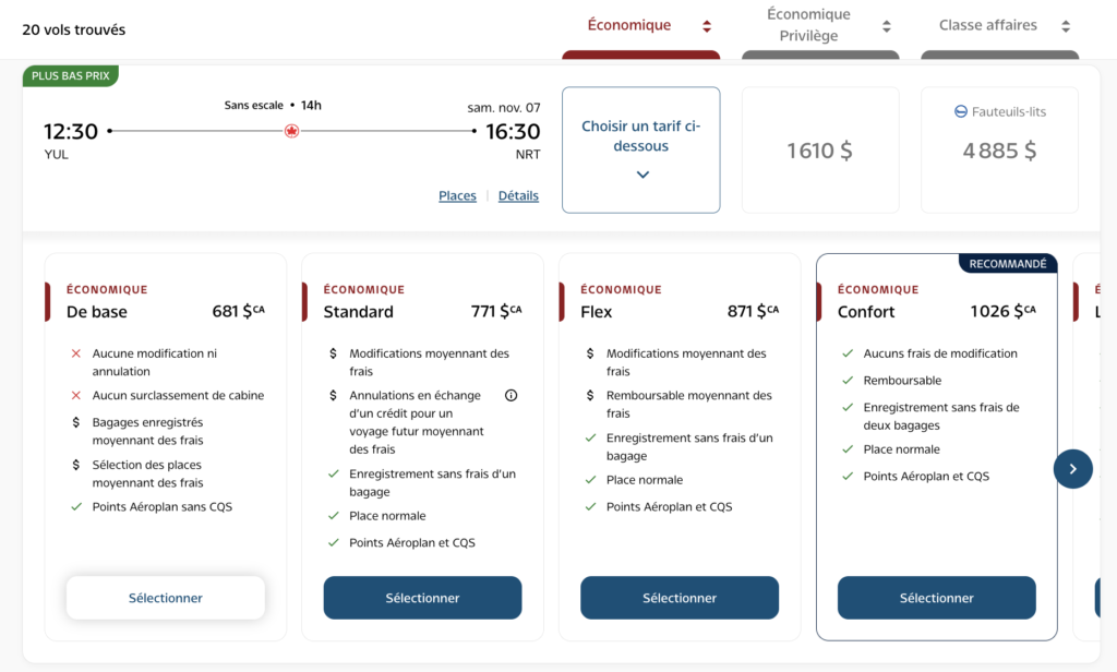 combien de points aéroplan pour un vol