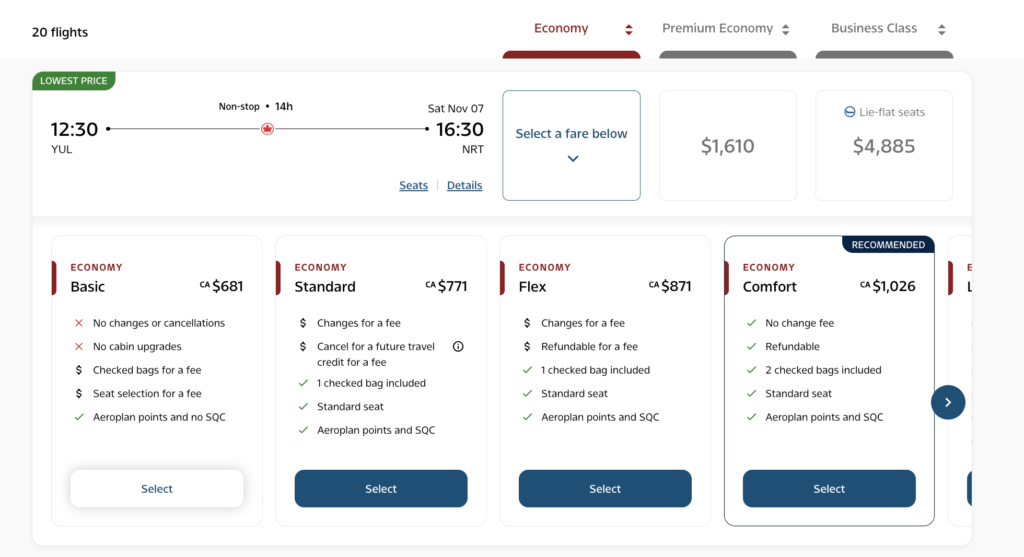 how many Aeroplan points for a flight