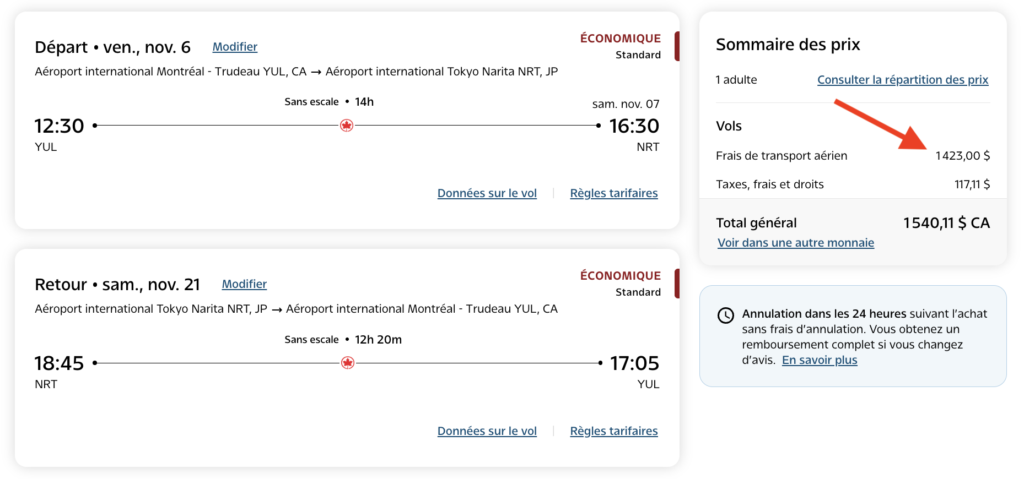 combien de points aéroplan pour un vol montant admissible