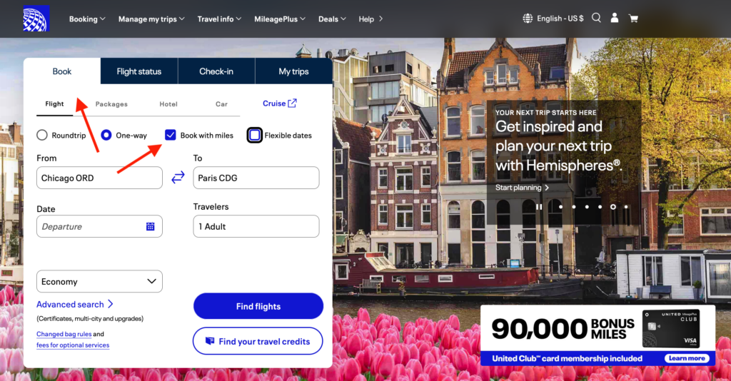 United Airlines award flight search form