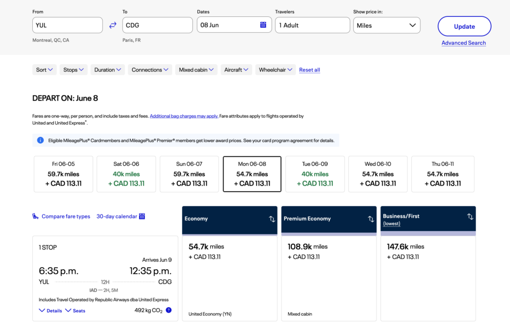 United Airlines award flight search results page