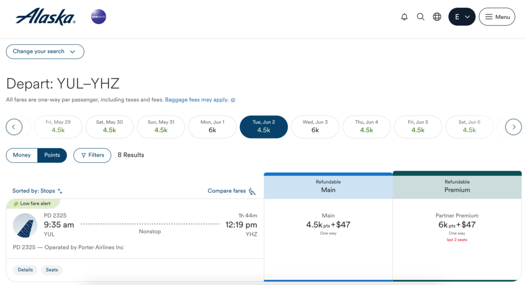 Selecting award flight using Atmos Rewards Points