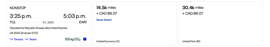 Example redemption with United Miles - Montreal to New York