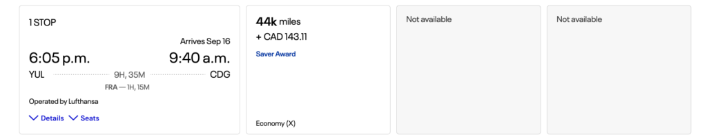Example redemption with United miles - Montreal to Paris