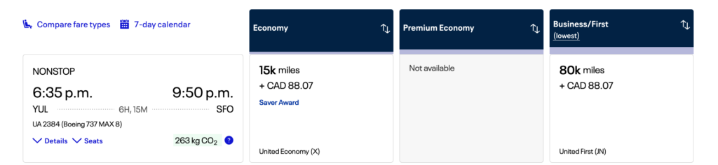Example redemption with United miles - Montreal to San Francisco