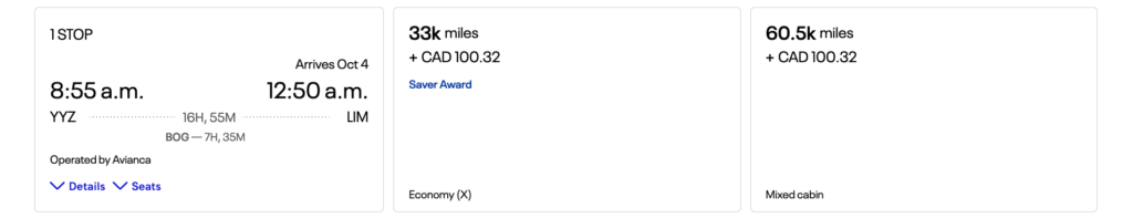 Example redemption with United miles - Toronto to Lima