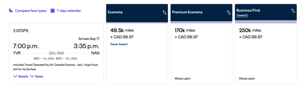 Example redemption with United miles - Vancouver to Fiji