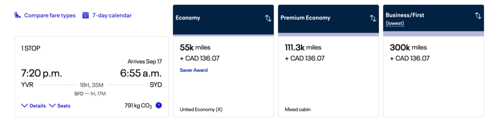 Example redemption with United miles - Vancouver to Sydney