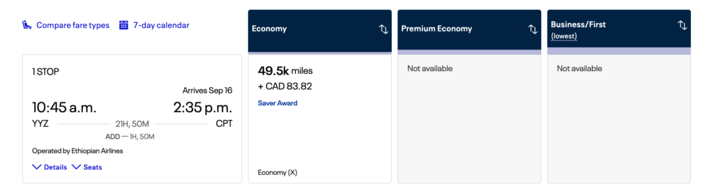 Example redemption with United Miles - Toronto to Cape Town