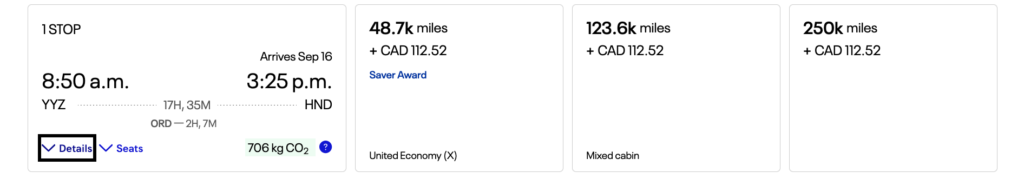 Example redemption with United miles - Toronto to Tokyo